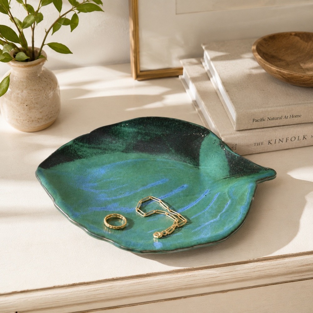 Studio Pottery Leaf Dish Green Blue Ceramic Trinket Tray Jewelry Catchall Decor‎